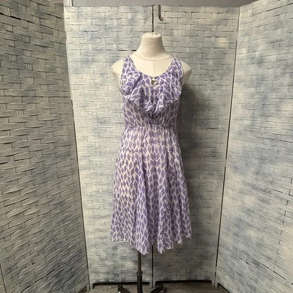 Meadow Rue A-Line Dress Womens 4 Sleeveless Ruffle Neck Purple Diamond Print - Picture 2 of 6